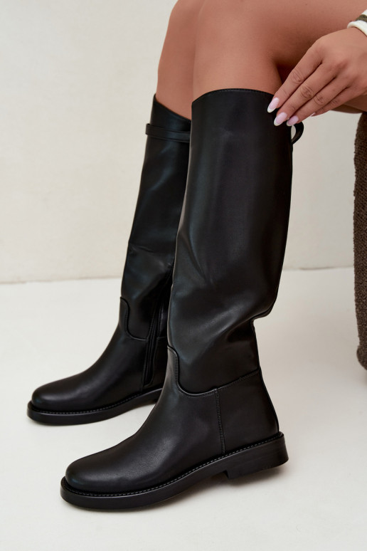 Bottes longues avec talons larges et bandes décoratives en noir Famina