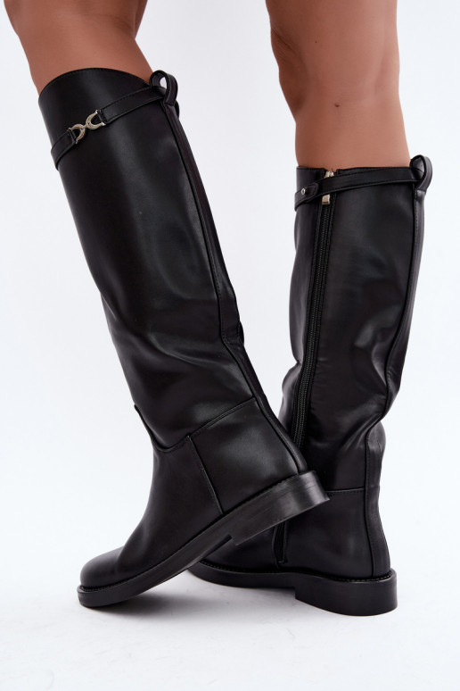 Bottes longues avec talons larges et bandes décoratives en noir Famina