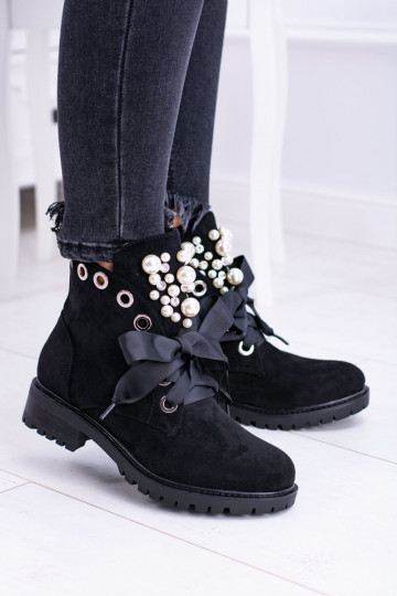 Bottines chaudes avec perles synthétiques et ruban en noir Perla