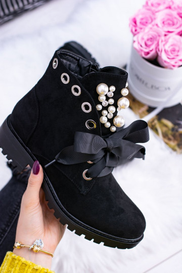 Bottines chaudes avec perles synthétiques et ruban en noir Perla 2