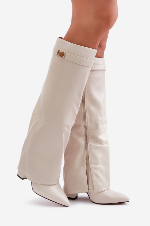 bottes hautes pour femmes avec des inserts en cuir synthétique et des talons en couleur ivoire Avamora