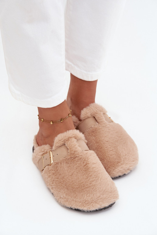 claquettes à plateforme pour femmes avec fourrure et boucles en couleur sable Noraline