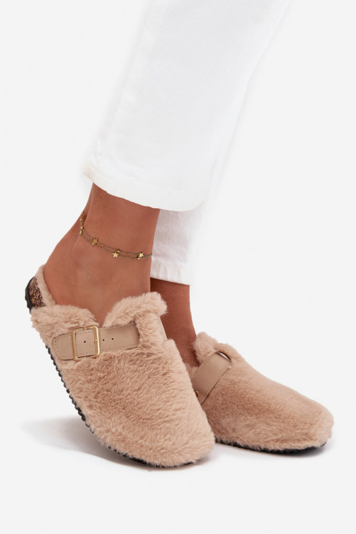 claquettes à plateforme pour femmes avec fourrure et boucles en couleur sable Noraline