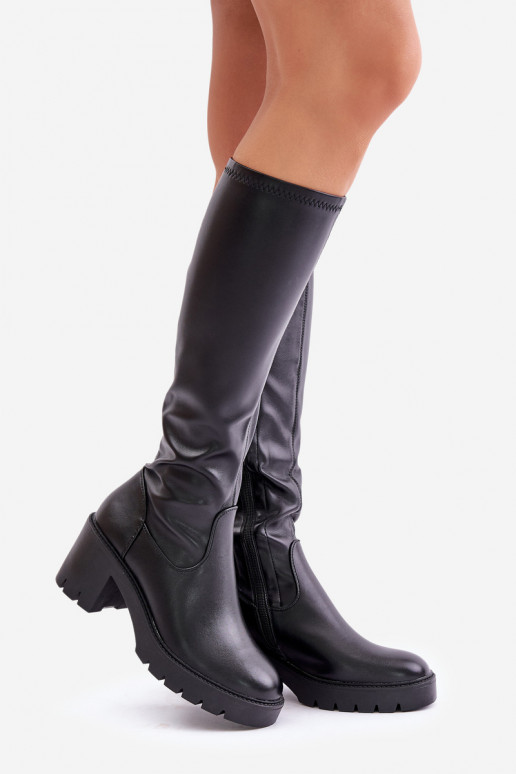 Bottes noires jusqu'au genou en simili cuir avec talons Vinceza 58332