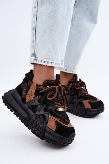 Baskets noires en faux daim avec plateforme et détails en imprimé léopard GOE UU2N4017 2
