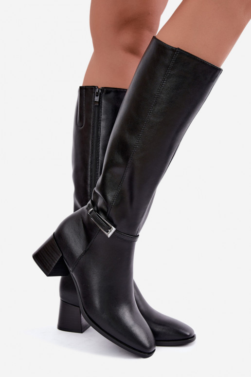 Bottes hautes noires en cuir isolées avec talons et boucles Sergio Leone KZ-31