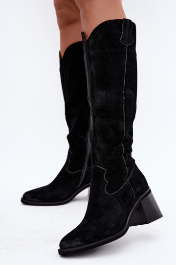 Bottes hautes noires en faux daim de style cowboy avec talons Vinceza 133103 2