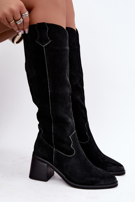 Bottes hautes noires en faux daim de style cowboy avec talons Vinceza 133103