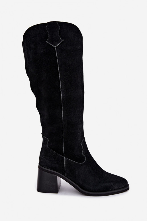 Bottes hautes noires en faux daim de style cowboy avec talons Vinceza 133103