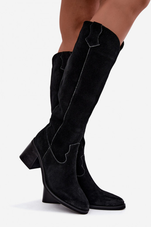 Bottes hautes noires en faux daim de style cowboy avec talons Vinceza 133103