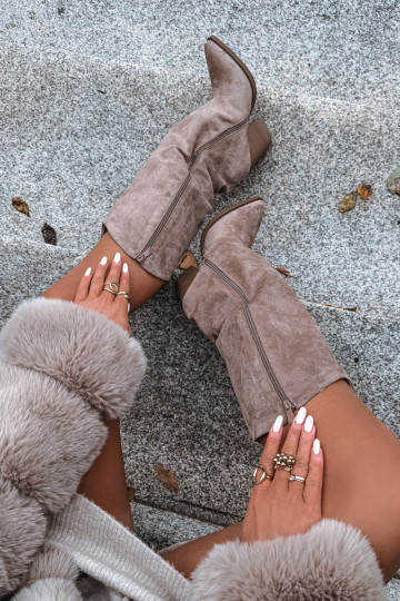 Bottes hautes isolées de style cowboy avec talons, en daim synthétique, en sable 2