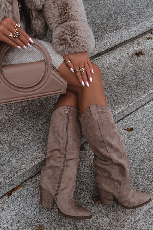 Bottes hautes isolées de style cowboy avec talons, en daim synthétique, en sable