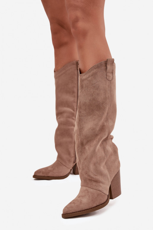Bottes hautes isolées de style cowboy avec talons, en daim synthétique, en sable
