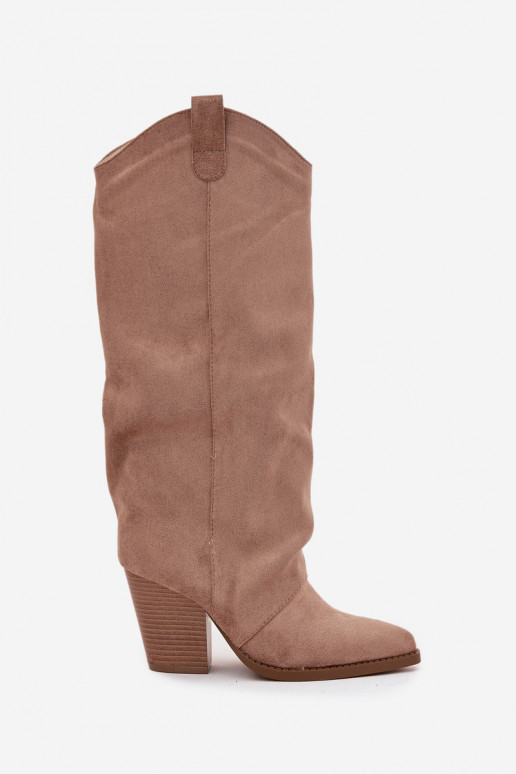 Bottes hautes isolées de style cowboy avec talons, en daim synthétique, en sable