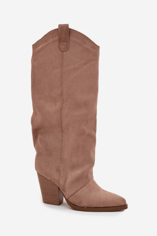 Bottes hautes isolées de style cowboy avec talons, en daim synthétique, en sable