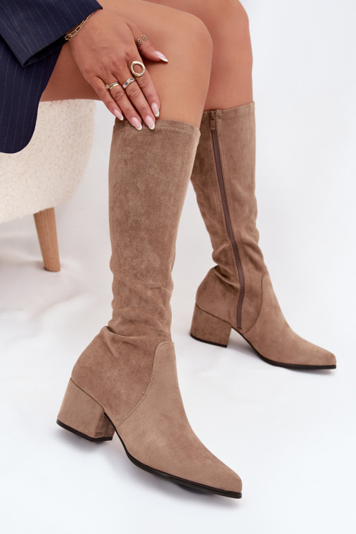 Bottes longues pour femmes à talon bas en daim synthétique couleur sable Sergio Leone KZ212