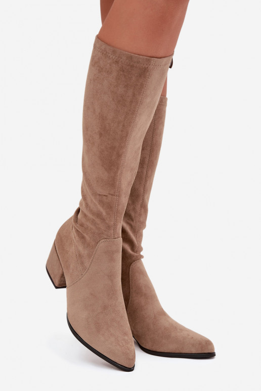Bottes longues pour femmes à talon bas en daim synthétique couleur sable Sergio Leone KZ212