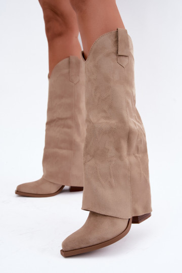 Bottes hautes style cowboy pour femmes avec talons et tige brodée couleur sable Terise 2