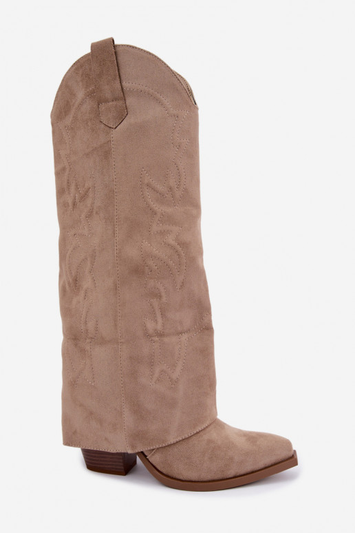 Bottes hautes style cowboy pour femmes avec talons et tige brodée couleur sable Terise