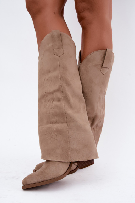 Bottes hautes style cowboy pour femmes avec talons et tige brodée couleur sable Terise
