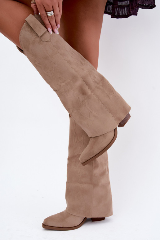 Bottes hautes style cowboy pour femmes avec talons et tige brodée couleur sable Terise