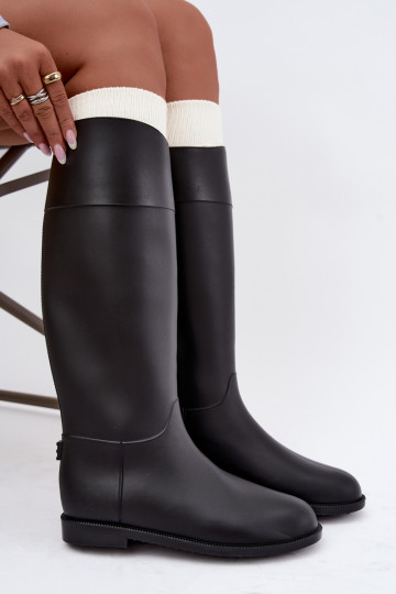 Bottes en caoutchouc hautes pour femmes avec talons larges en noir Melianne