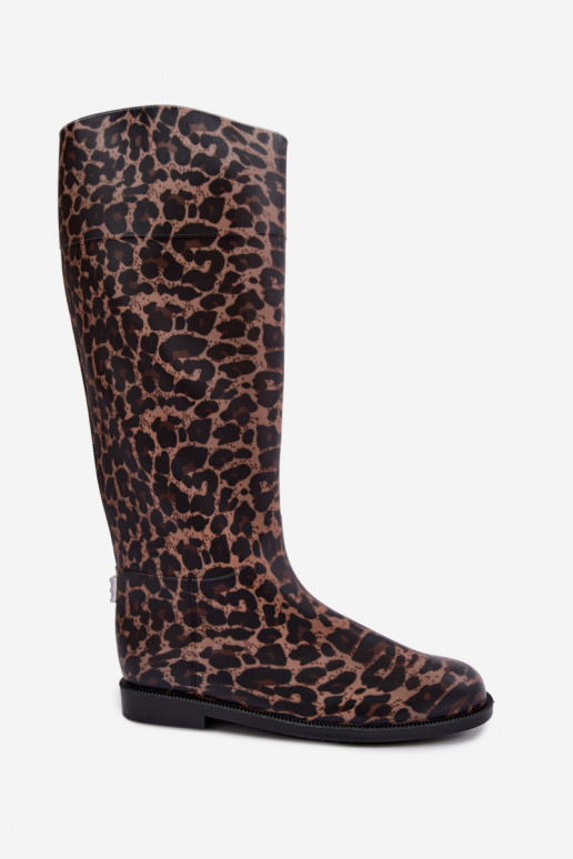 Bottes en caoutchouc hautes pour femmes avec talons larges et imprimé léopard en noir Melianne