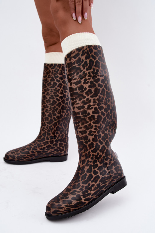 Bottes en caoutchouc hautes pour femmes avec talons larges et imprimé léopard en noir Melianne