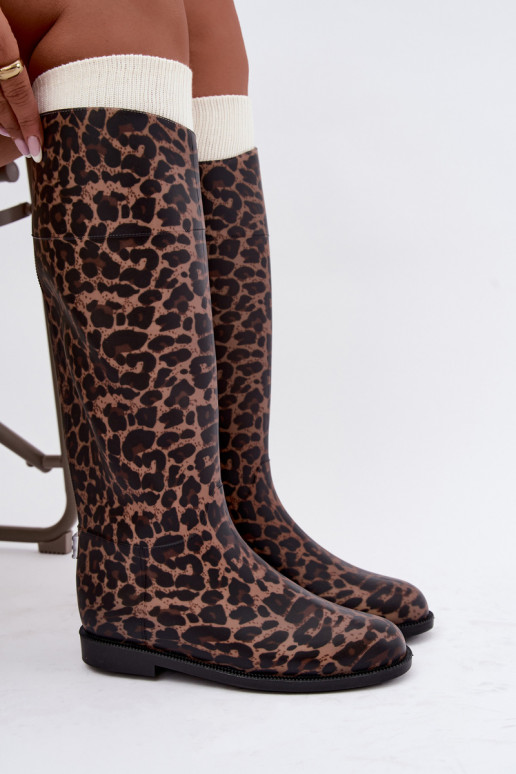 Bottes en caoutchouc hautes pour femmes avec talons larges et imprimé léopard en noir Melianne