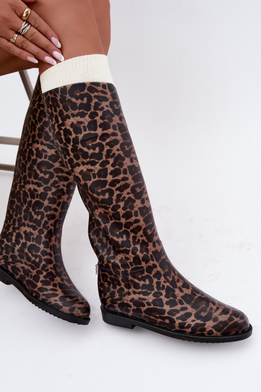 Bottes en caoutchouc hautes pour femmes avec talons larges et imprimé léopard en noir Melianne