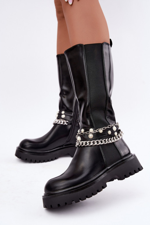 Bottes hautes et chaudes avec plateforme et chaînes en noir Doremi
