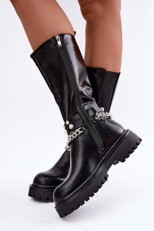 Bottes hautes et chaudes avec plateforme et chaînes en noir Doremi