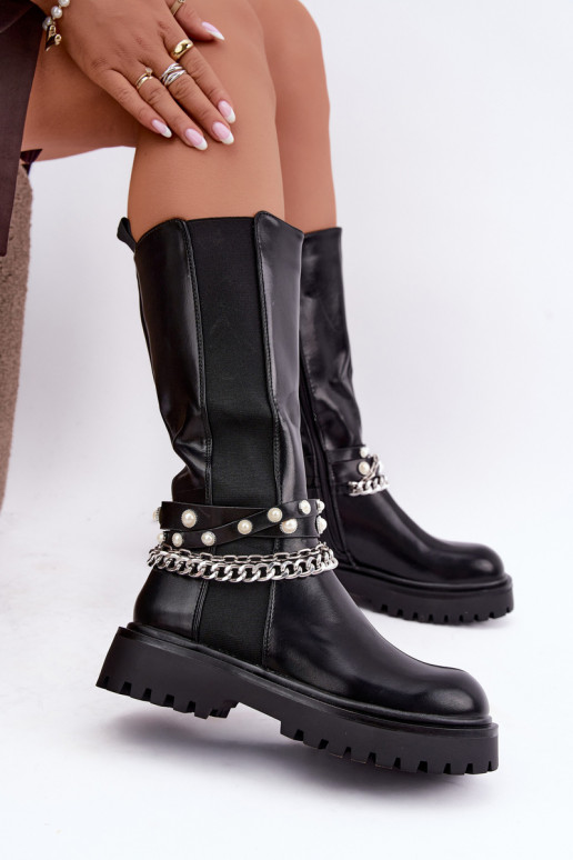 Bottes hautes et chaudes avec plateforme et chaînes en noir Doremi