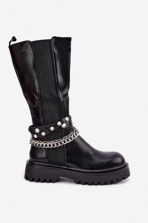 Bottes hautes et chaudes avec plateforme et chaînes en noir Doremi