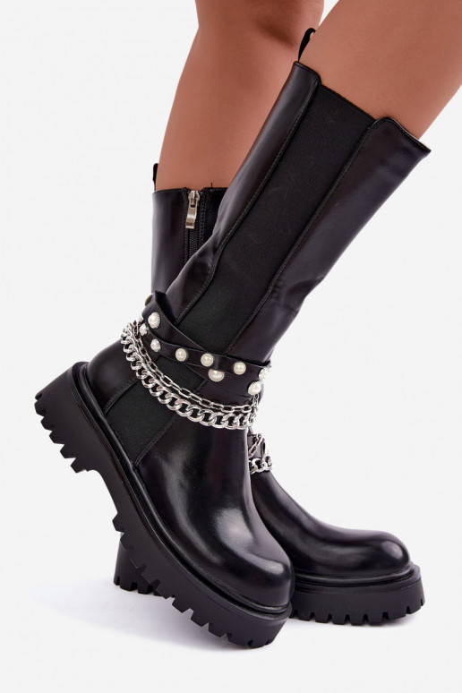 Bottes hautes et chaudes avec plateforme et chaînes en noir Doremi
