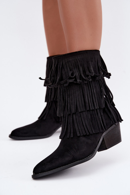 Bottines de style cowboy avec franges et talons en noir Lunia