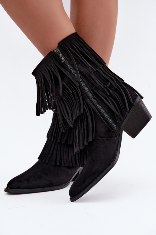 Bottines de style cowboy avec franges et talons en noir Lunia