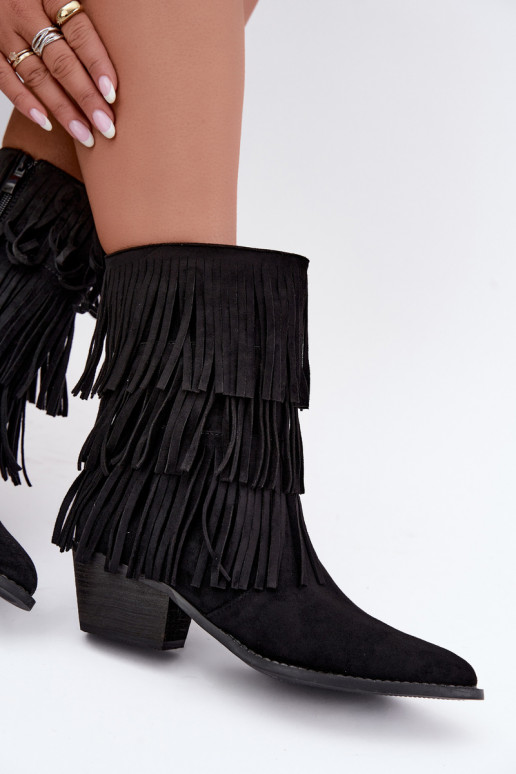 Bottines de style cowboy avec franges et talons en noir Lunia