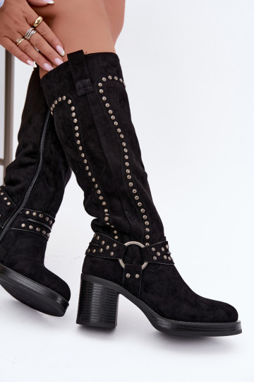 Bottes hautes et chaudes avec talons et décoration en noir Bellune