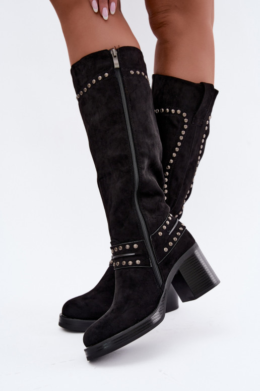 Bottes hautes et chaudes avec talons et décoration en noir Bellune