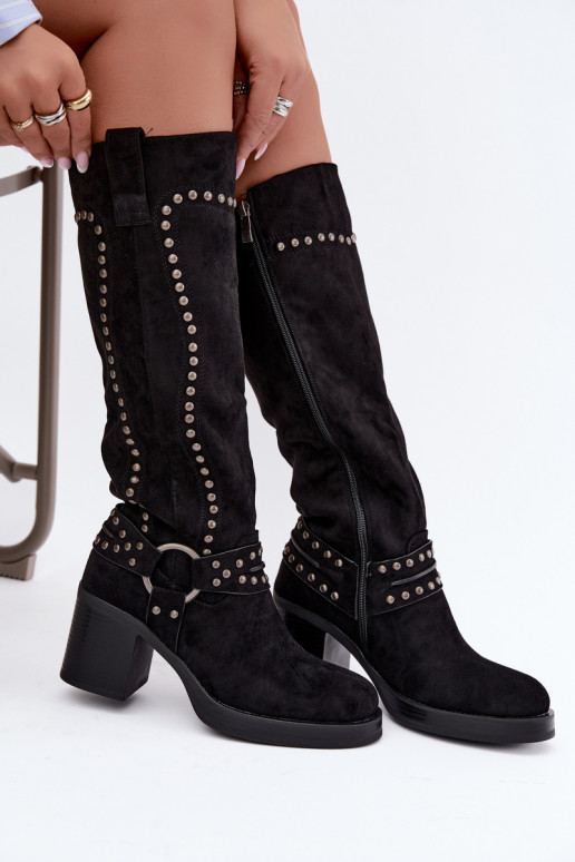 Bottes hautes et chaudes avec talons et décoration en noir Bellune