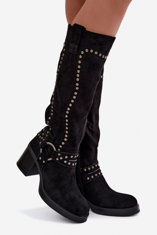 Bottes hautes et chaudes avec talons et décoration en noir Bellune