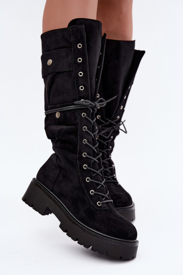 Bottes hautes et chaudes avec plateforme et lacets en noir Cressida