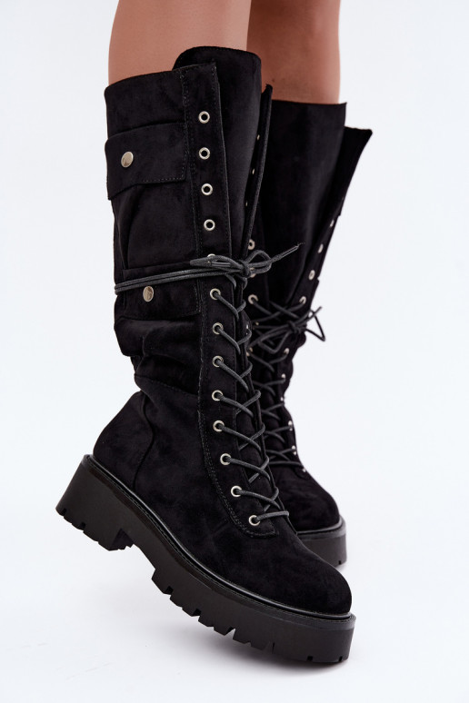 Bottes hautes et chaudes avec plateforme et lacets en noir Cressida