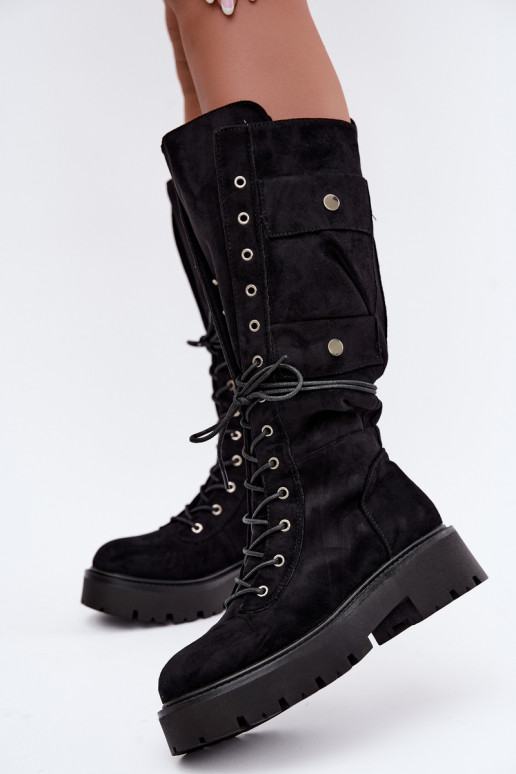 Bottes hautes et chaudes avec plateforme et lacets en noir Cressida