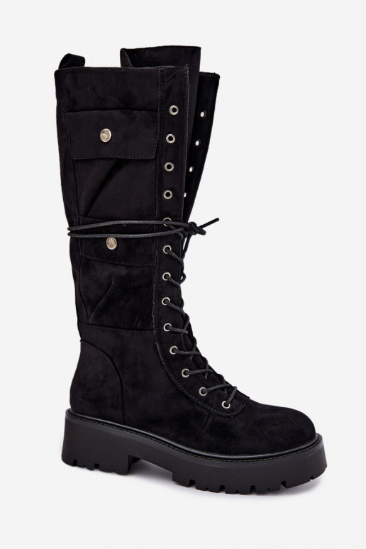 Bottes hautes et chaudes avec plateforme et lacets en noir Cressida