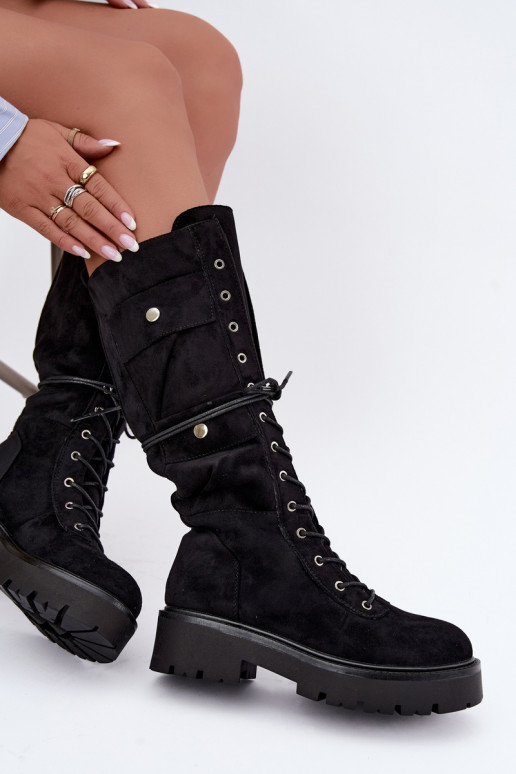 Bottes hautes et chaudes avec plateforme et lacets en noir Cressida