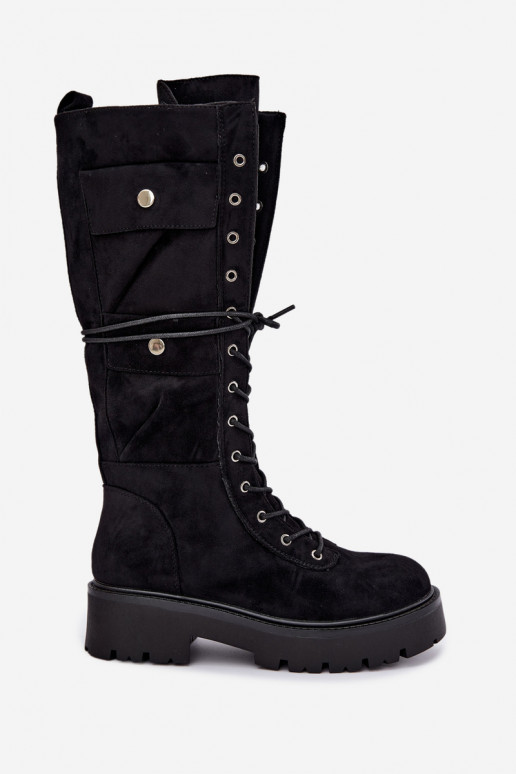 Bottes hautes et chaudes avec plateforme et lacets en noir Cressida