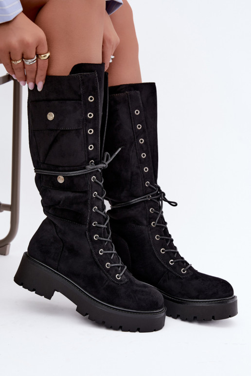 Bottes hautes et chaudes avec plateforme et lacets en noir Cressida