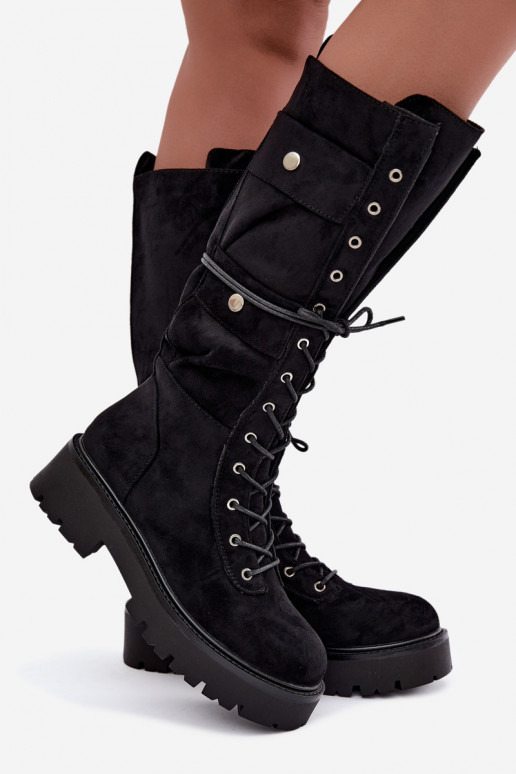 Bottes hautes et chaudes avec plateforme et lacets en noir Cressida
